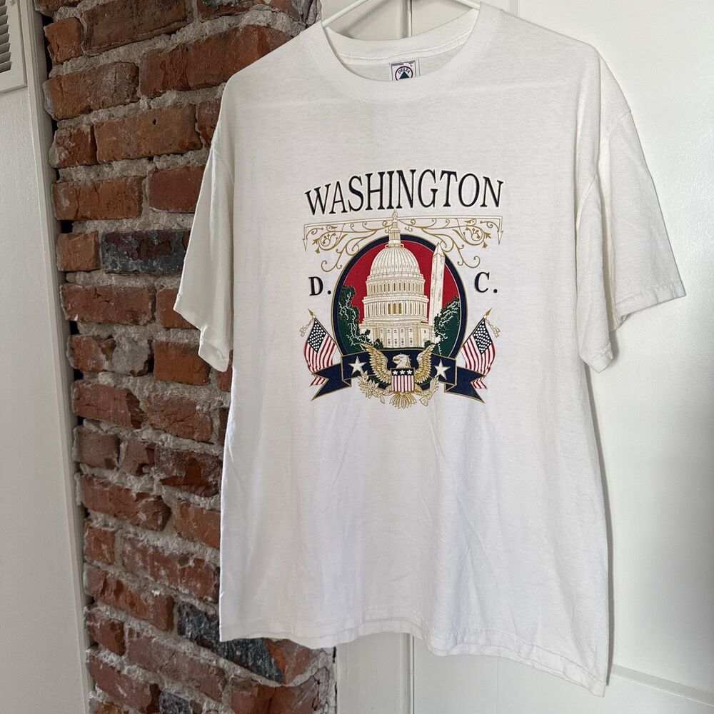 VTG 90s Washington DC Capitol Graphic T-Shirt White USA Patriotic Tourist Tee L